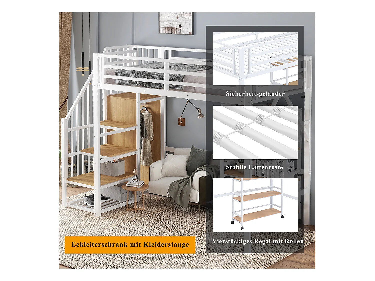 Łóżko piętrowe z żelaza - 90 x 200 cm - z półką do przechowywania + szafa narożna - żelazo + płyta MDF - białe + naturalne