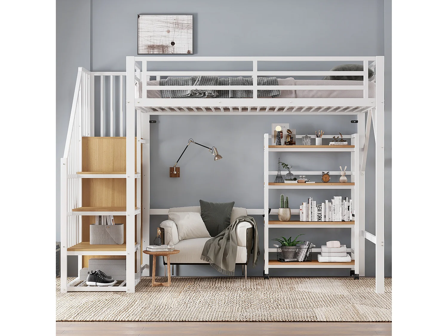 Eisenhochbett - 90 x 200 cm - mit Ablageboden + Eckschrank - Eisen + MDF - Weiß + Natur