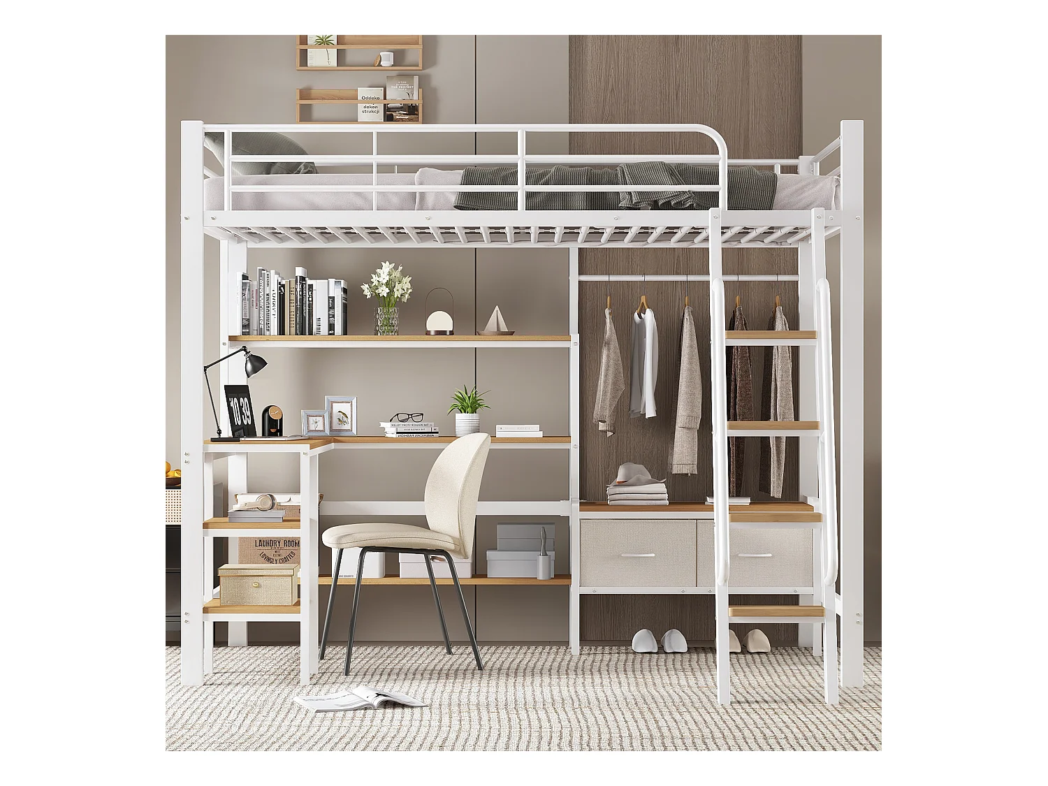 Łóżko piętrowe z żelaza - 90 x 200 cm - z 2 materiałowymi szufladami + biurko + półka - żelazo + płyta MDF - białe + naturalne