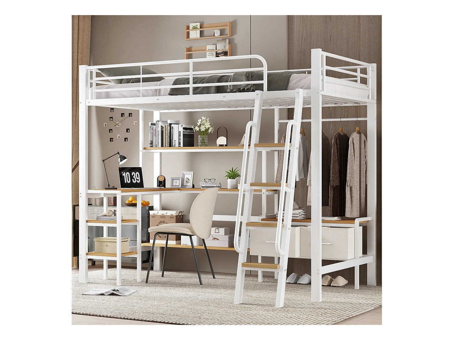 Łóżko piętrowe z żelaza - 90 x 200 cm - z 2 materiałowymi szufladami + biurko + półka - żelazo + płyta MDF - białe + naturalne