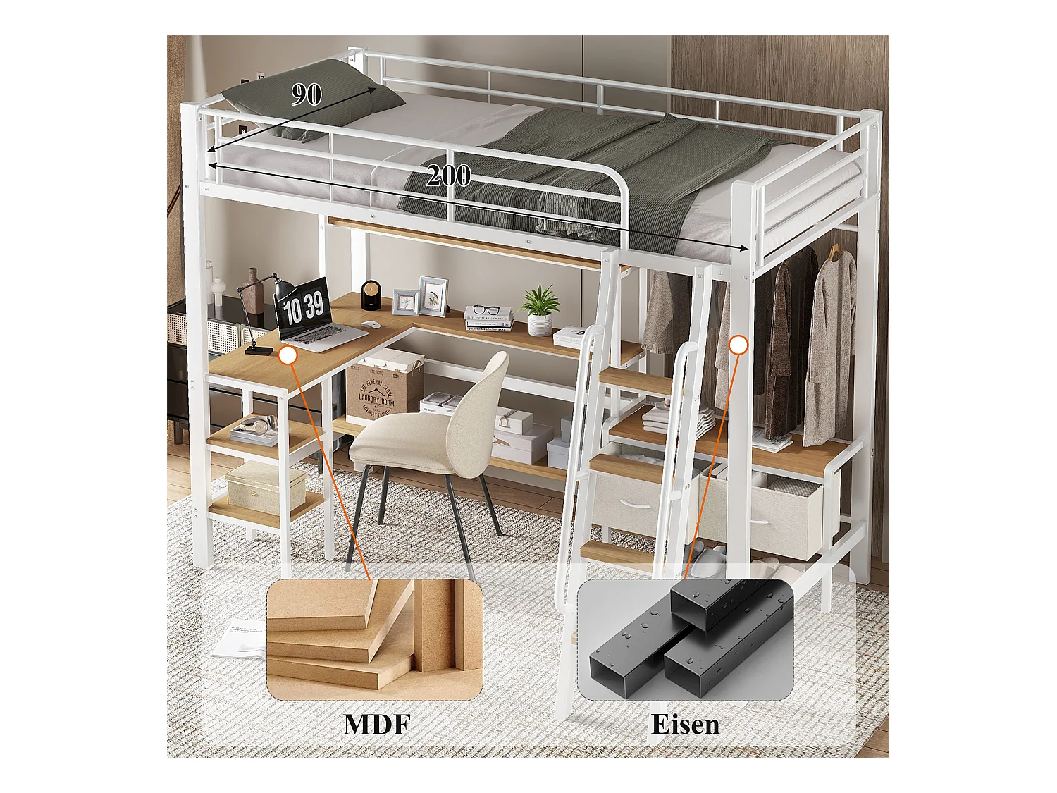 Łóżko piętrowe z żelaza - 90 x 200 cm - z 2 materiałowymi szufladami + biurko + półka - żelazo + płyta MDF - białe + naturalne