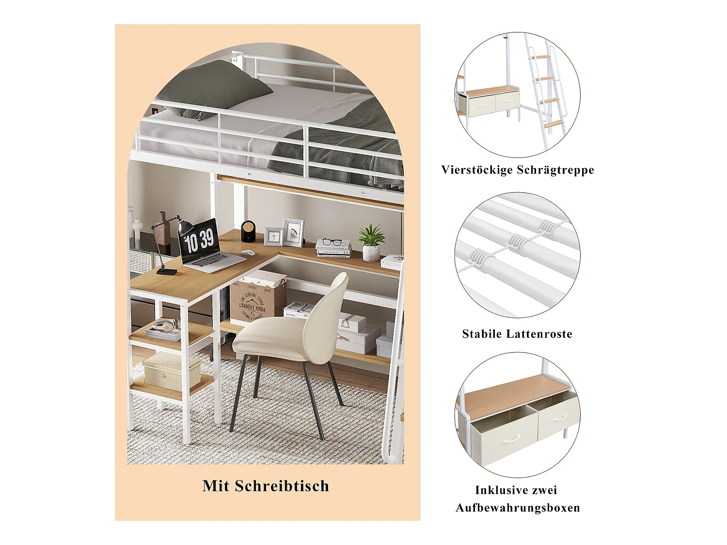 Łóżko piętrowe z żelaza - 90 x 200 cm - z 2 materiałowymi szufladami + biurko + półka - żelazo + płyta MDF - białe + naturalne