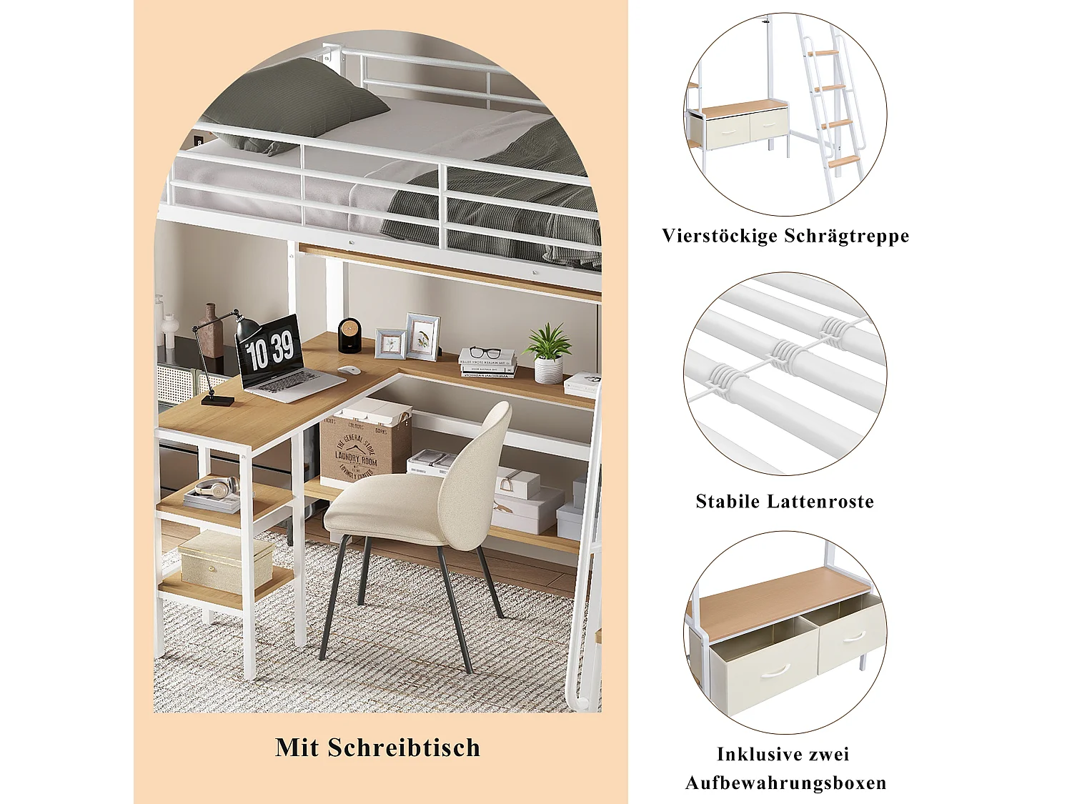 Cama alta de ferro - 90 x 200 cm - com 2 gavetas de tecido + escrivaninha + prateleira de armazenamento - ferro + MDF - branco + natural