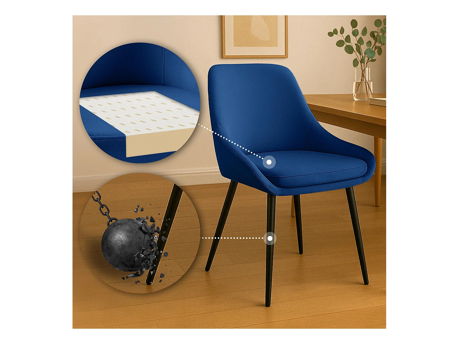 Lot de 2  chaise salle à manger - Velours - Bleu foncé - Elmira