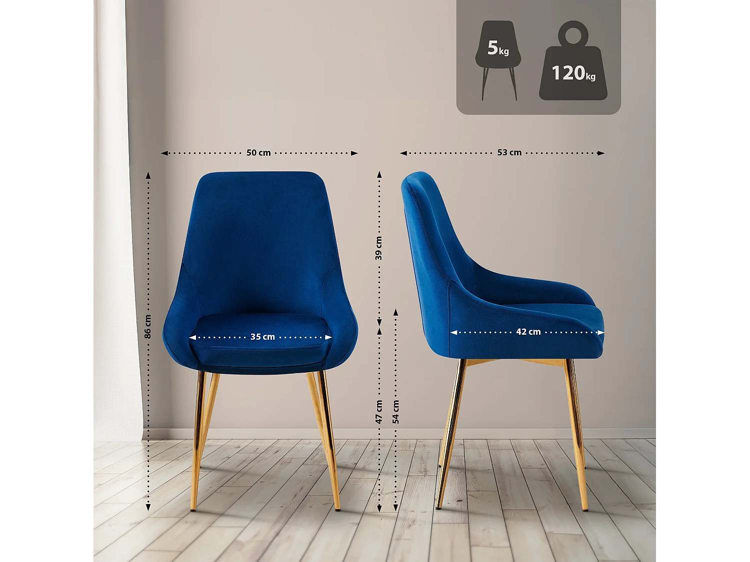 Lot de 2  chaise salle à manger - Velours - Bleu foncé - Elmira