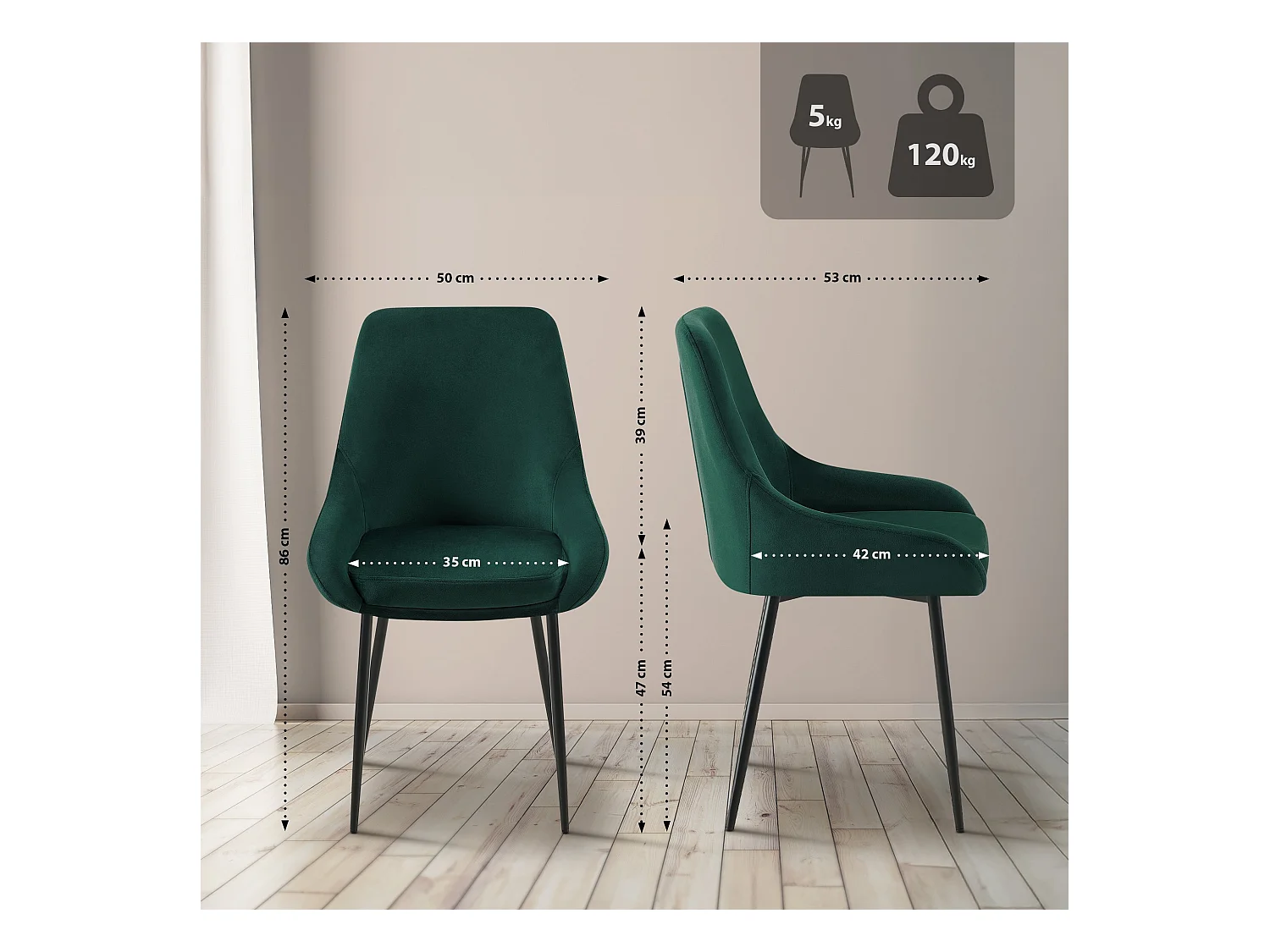 Lot de 2  chaise salle à manger - Velours - Vert - Elmira