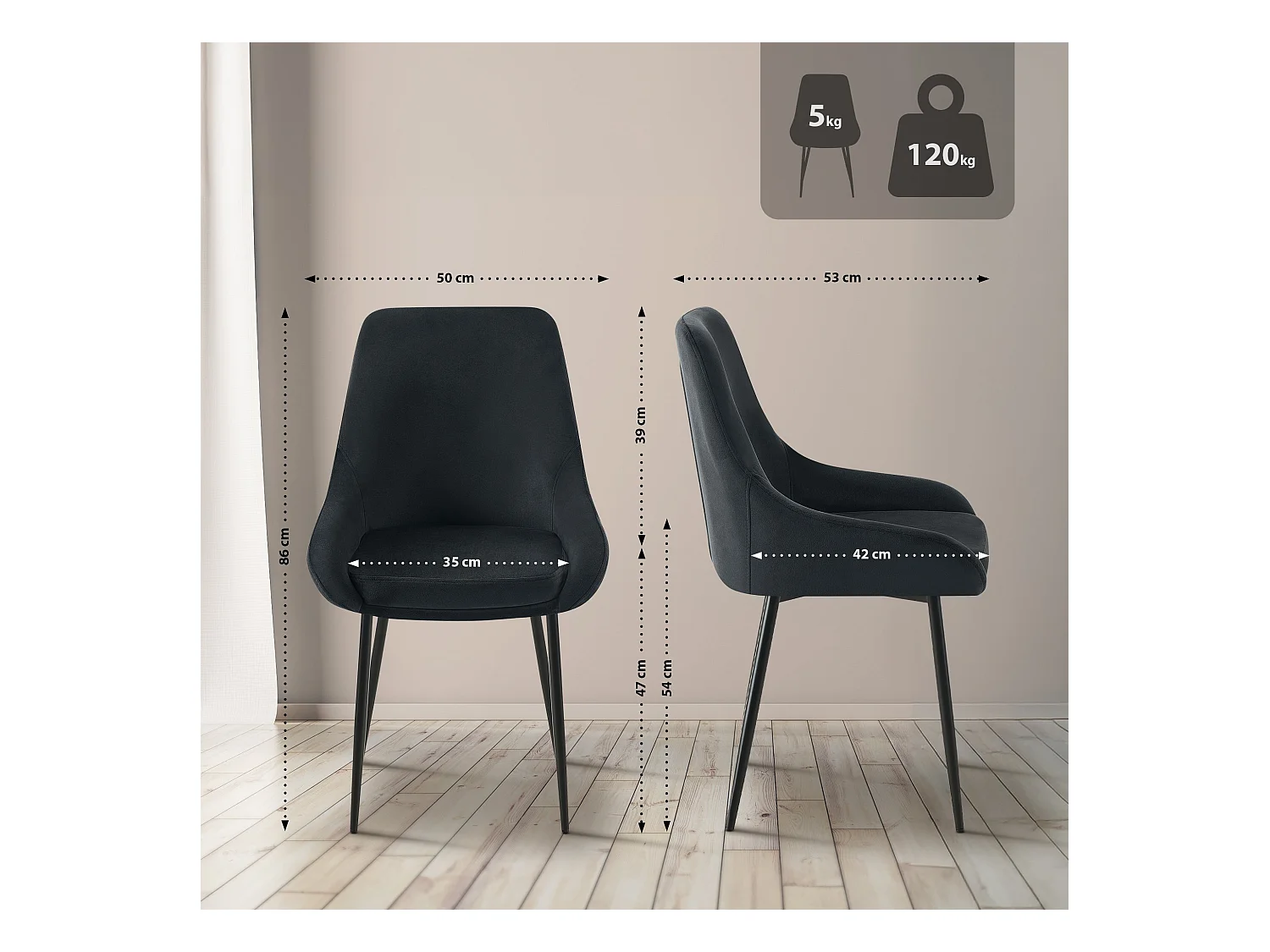 Lot de 2  chaise salle à manger - Velours - Noir - Elmira