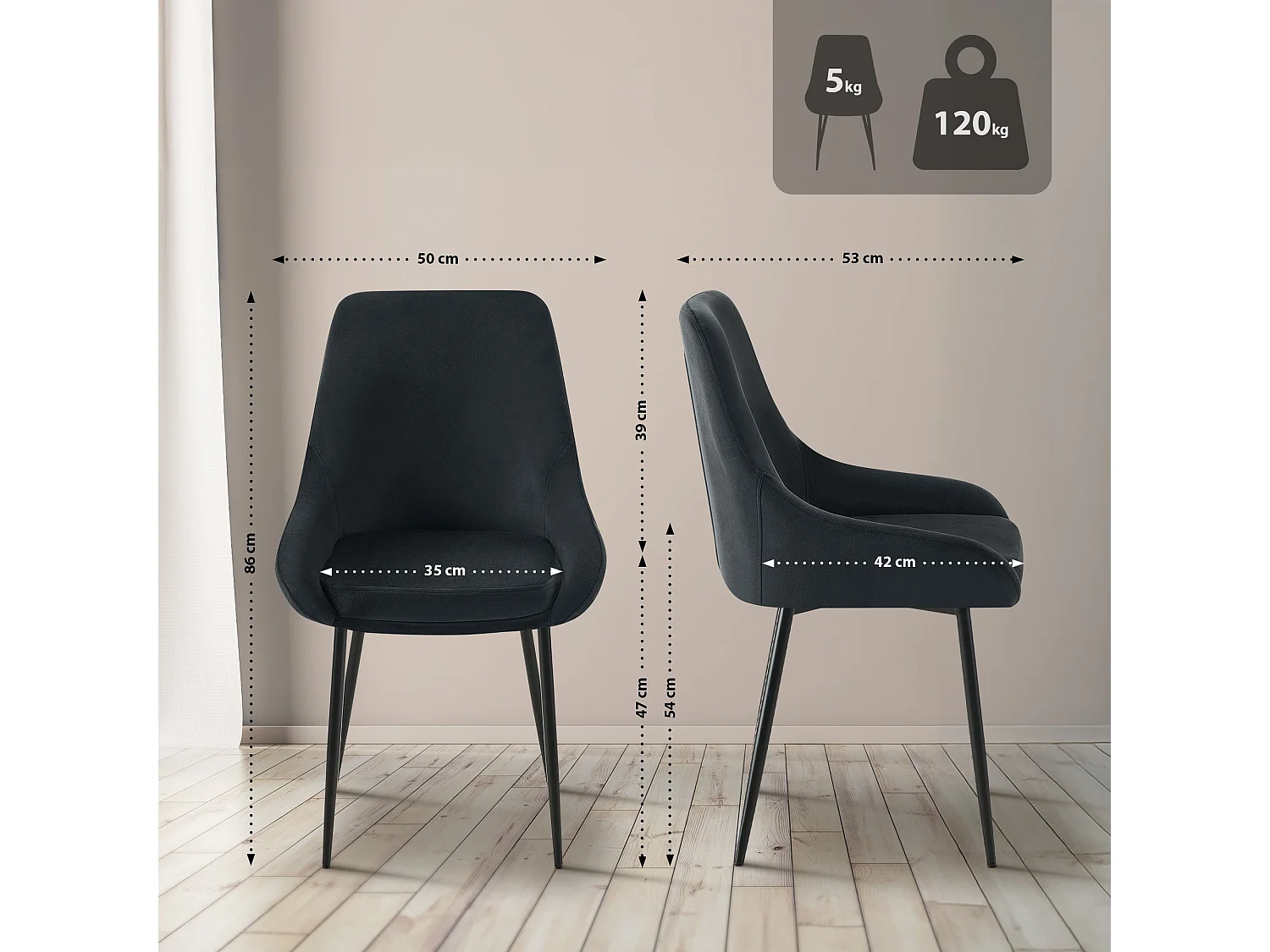 Lot de 2  chaise salle à manger - Velours - Noir - Elmira