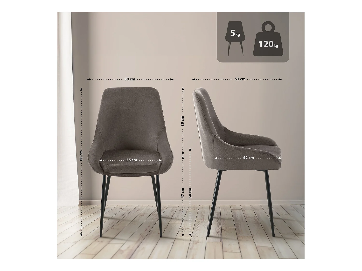 Lot de 2  chaise salle à manger - Velours - Anthracite - Elmira