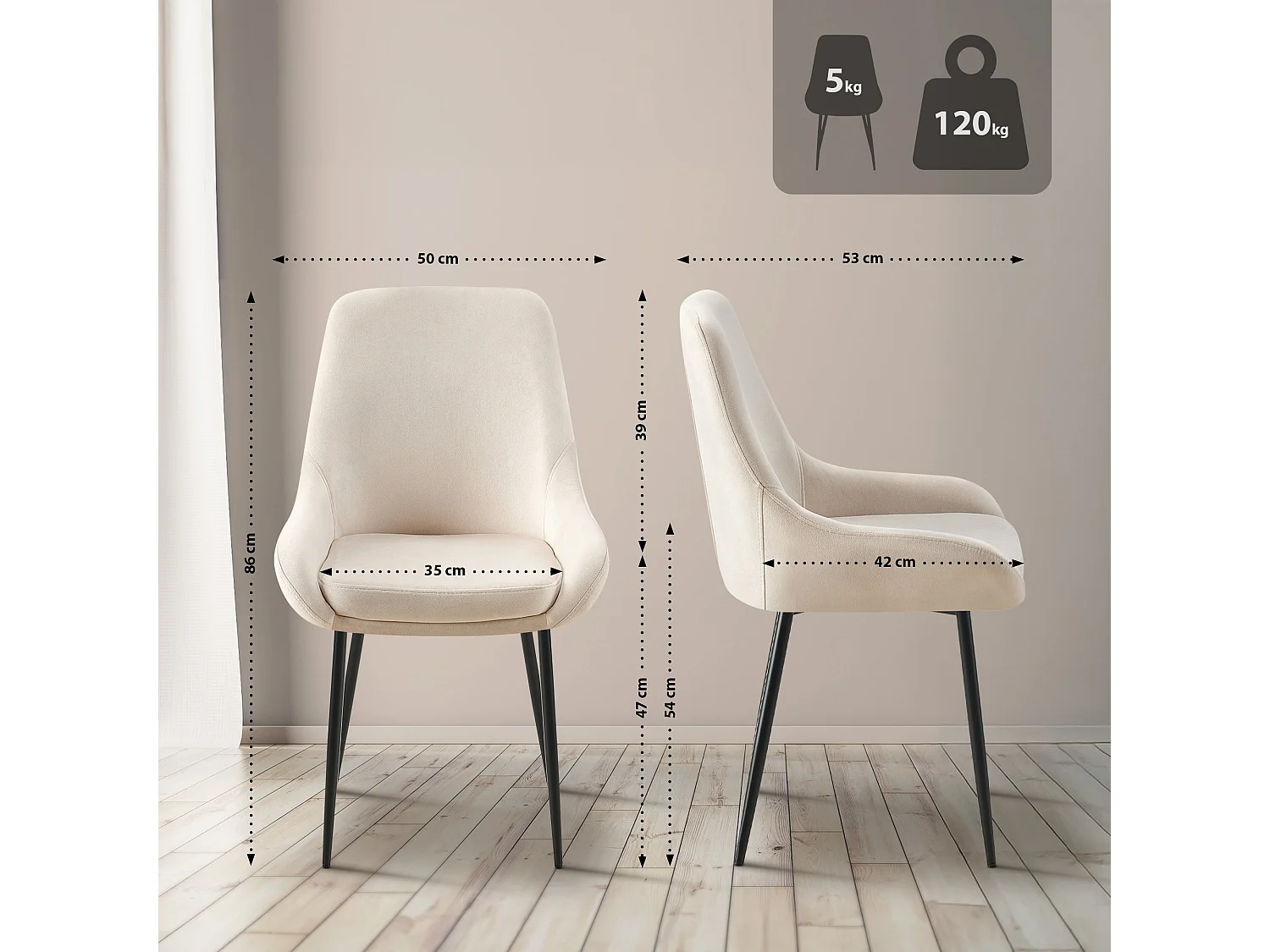 Lot de 2  chaise salle à manger - Velours - Crème - Elmira