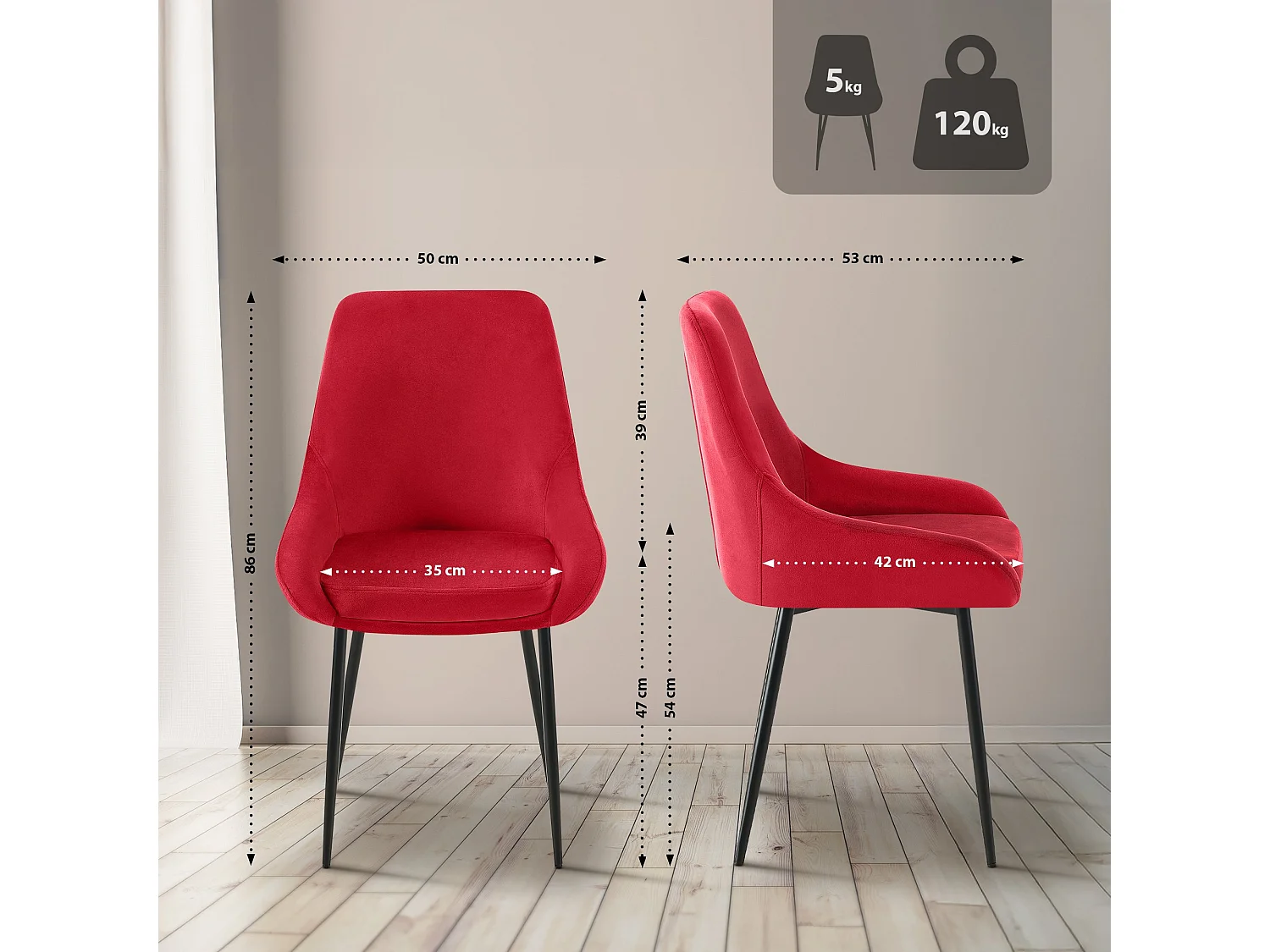 Lot de 2  chaise salle à manger - Velours - Rouge - Elmira