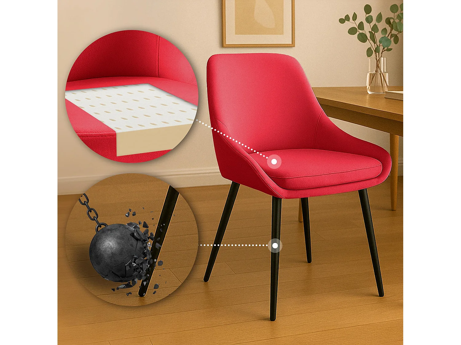 Lot de 2  chaise salle à manger - Velours - Rouge - Elmira