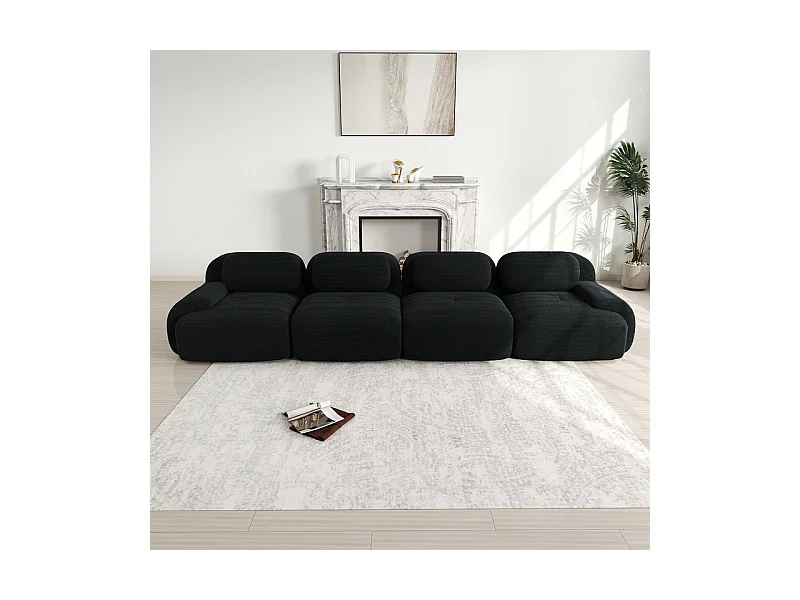 Canapé 4 places modulable en Velours côtelé - avec 4 oreillers - 388x103x75cm - Noir