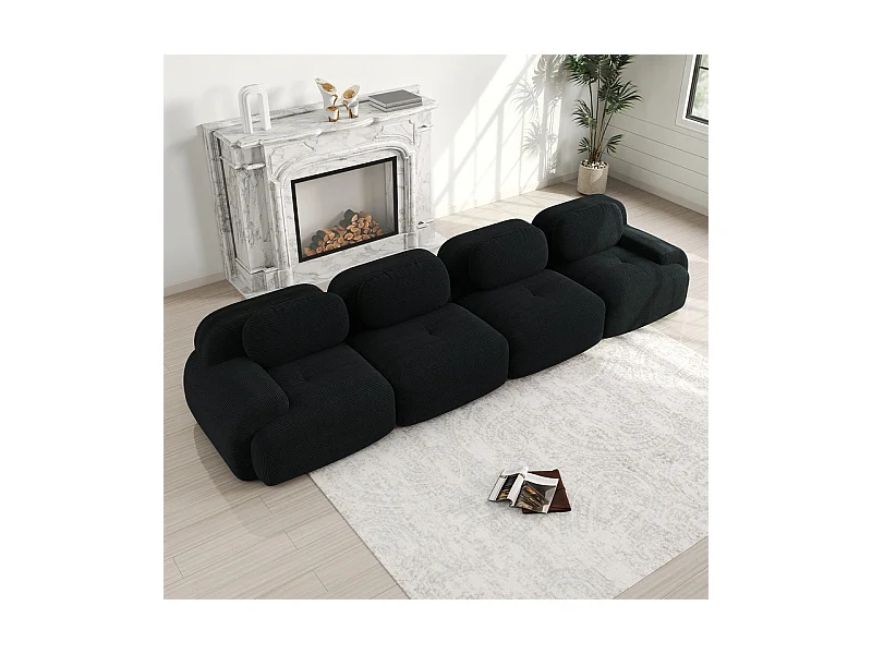 Canapé 4 places modulable en Velours côtelé - avec 4 oreillers - 388x103x75cm - Noir