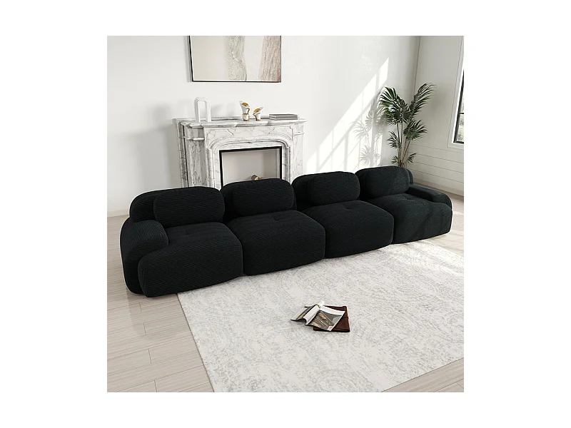 Canapé 4 places modulable en Velours côtelé - avec 4 oreillers - 388x103x75cm - Noir