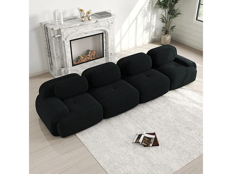 Canapé 4 places modulable en Velours côtelé - avec 4 oreillers - 388x103x70cm - Noir