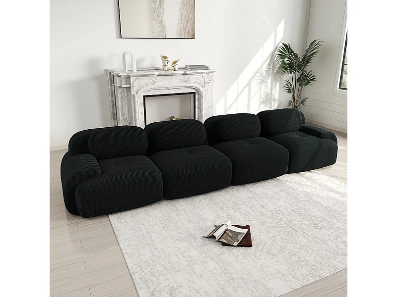 Canapé 4 places modulable en Velours côtelé - avec 4 oreillers - 388x103x70cm - Noir