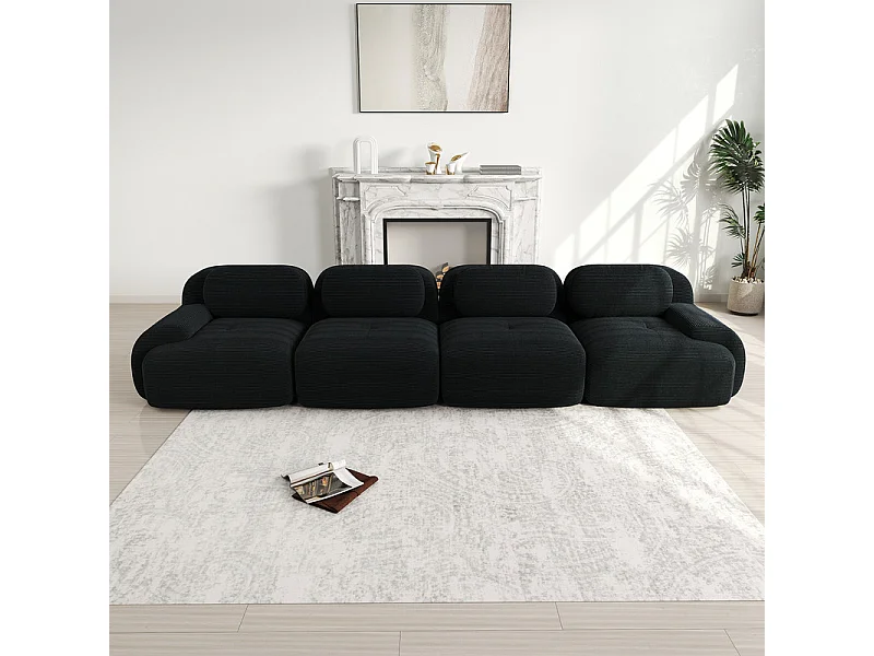 Canapé 4 places modulable en Velours côtelé - avec 4 oreillers - 388x103x70cm - Noir