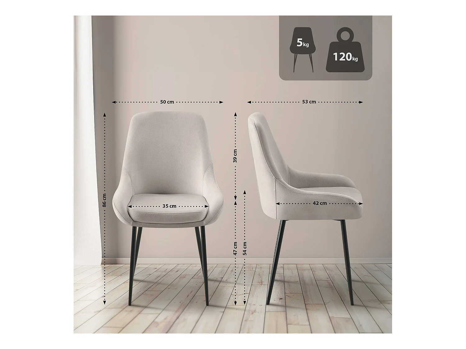 Lot de 2  chaise salle à manger - Velours - Gris - Elmira