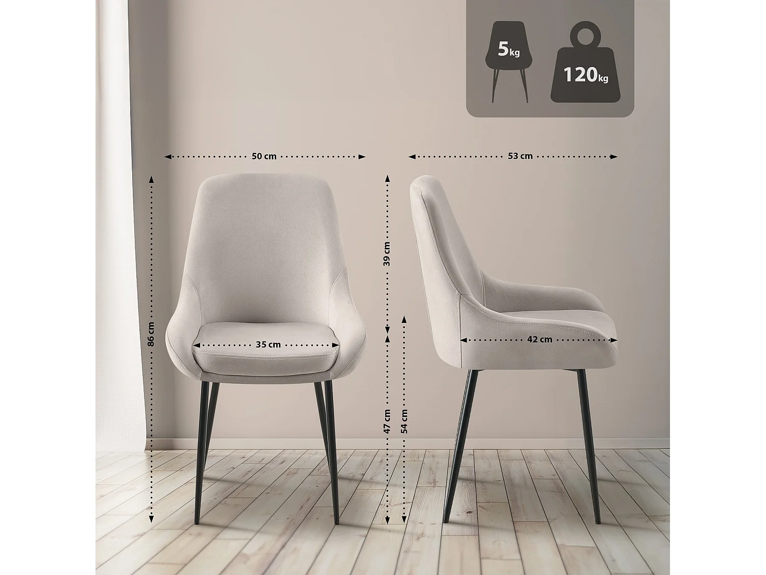 Lot de 2  chaise salle à manger - Velours - Gris - Elmira