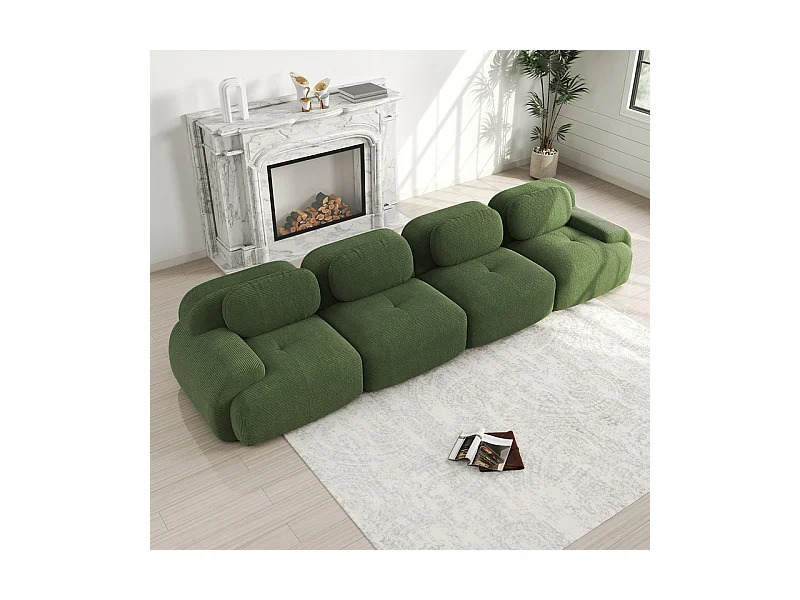 Canapé 4 places modulable en Velours côtelé - avec 4 oreillers - 388x103x75cm - Vert