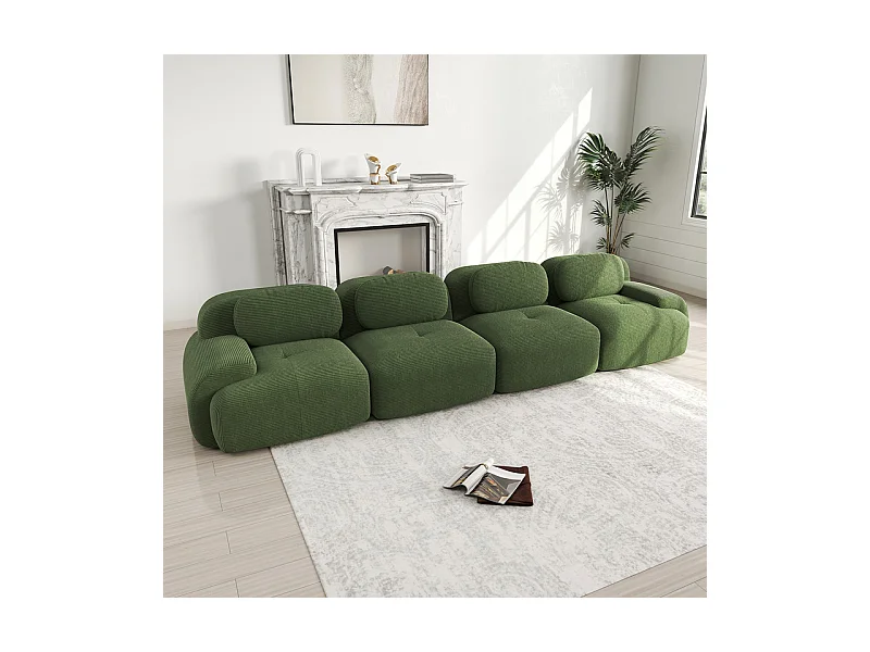 Canapé 4 places modulable en Velours côtelé - avec 4 oreillers - 388x103x75cm - Vert