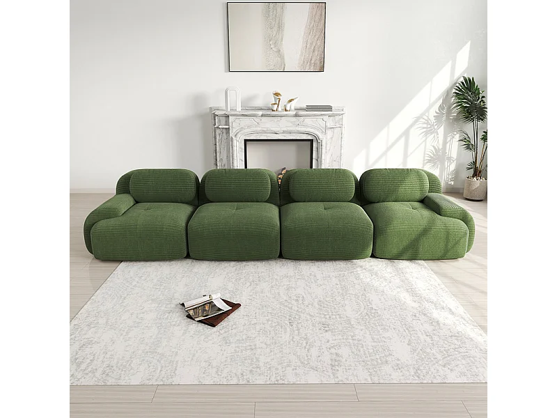 Canapé 4 places modulable en Velours côtelé - avec 4 oreillers - 388x103x75cm - Vert