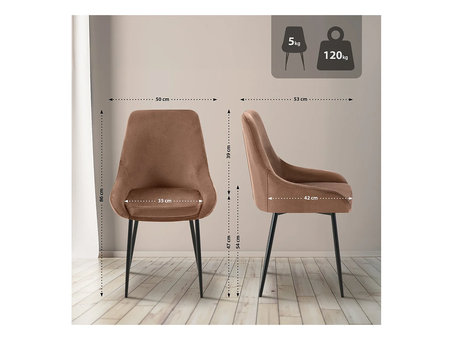 Lot de 2  chaise salle à manger - Velours - Marron - Elmira