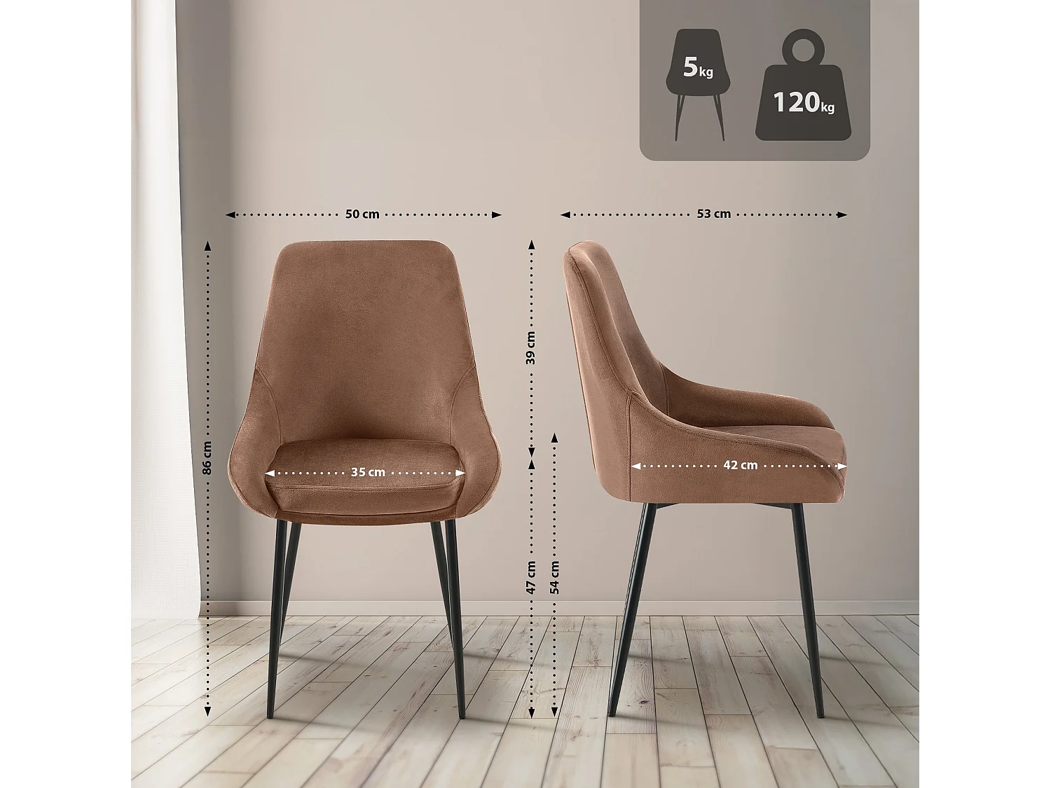 Lot de 2  chaise salle à manger - Velours - Marron - Elmira