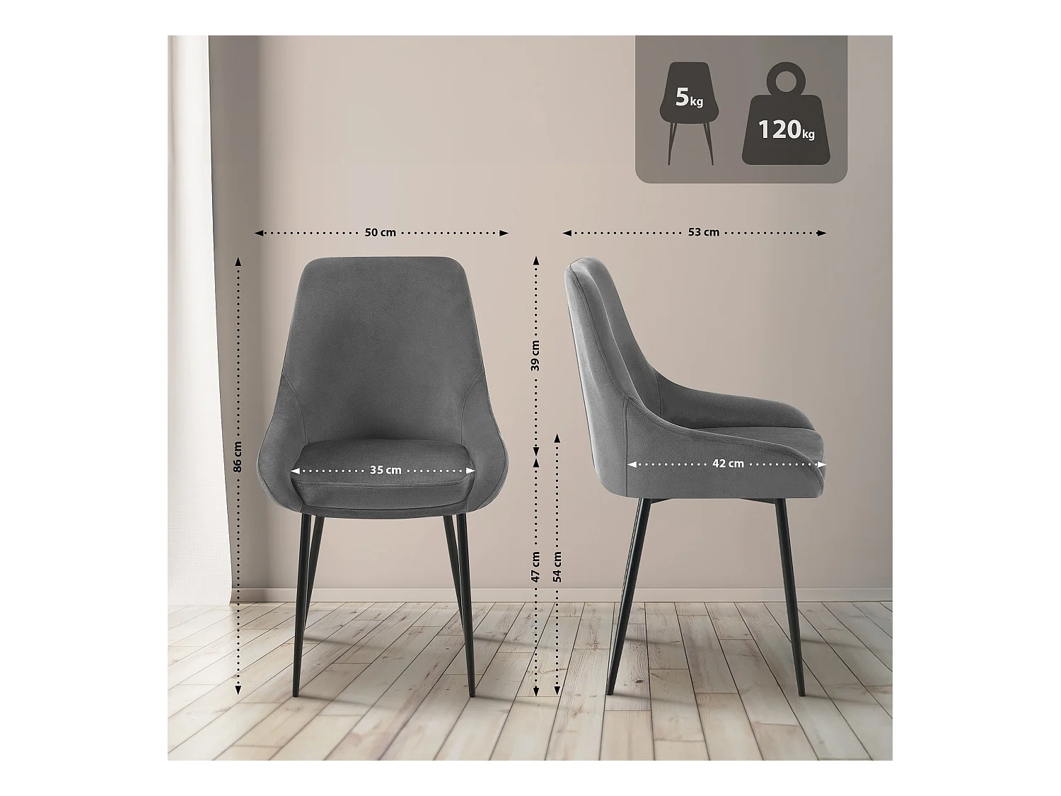 Lot de 2  chaise salle à manger - Velours - Gris foncé - Elmira