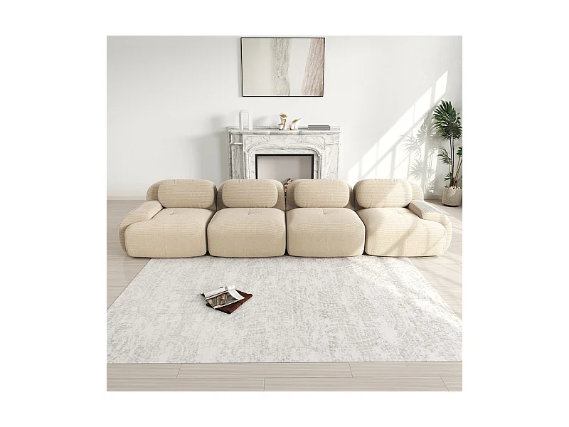 Canapé 4 places modulable en Velours côtelé - avec 4 oreillers - 388x103x75cm - Beige