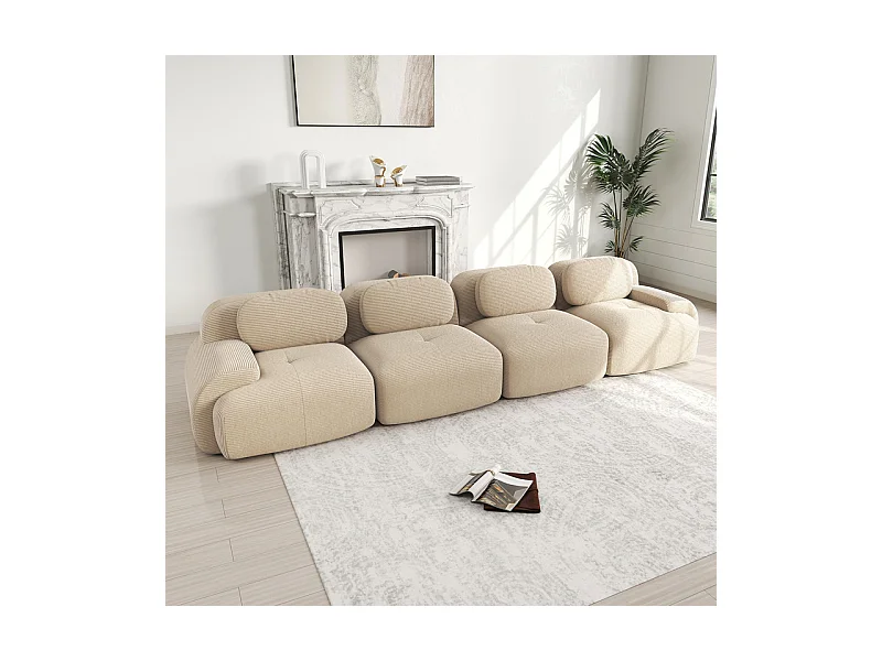 Canapé 4 places modulable en Velours côtelé - avec 4 oreillers - 388x103x75cm - Beige