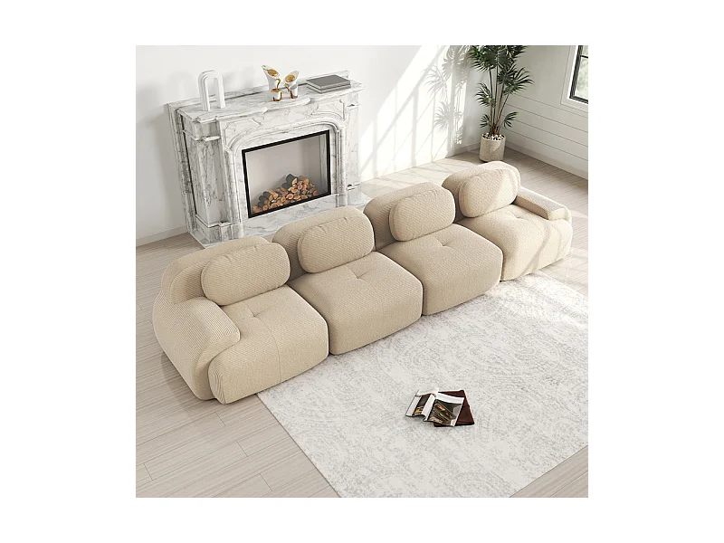 Canapé 4 places modulable en Velours côtelé - avec 4 oreillers - 388x103x75cm - Beige