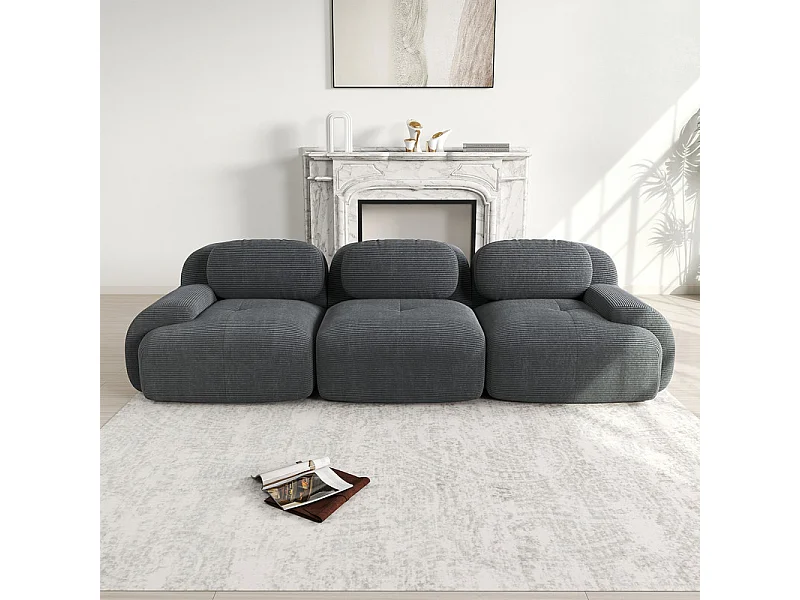 Canapé 3 places modulable en Velours côtelé - avec 3 oreillers - 298x103x75cm - Gris