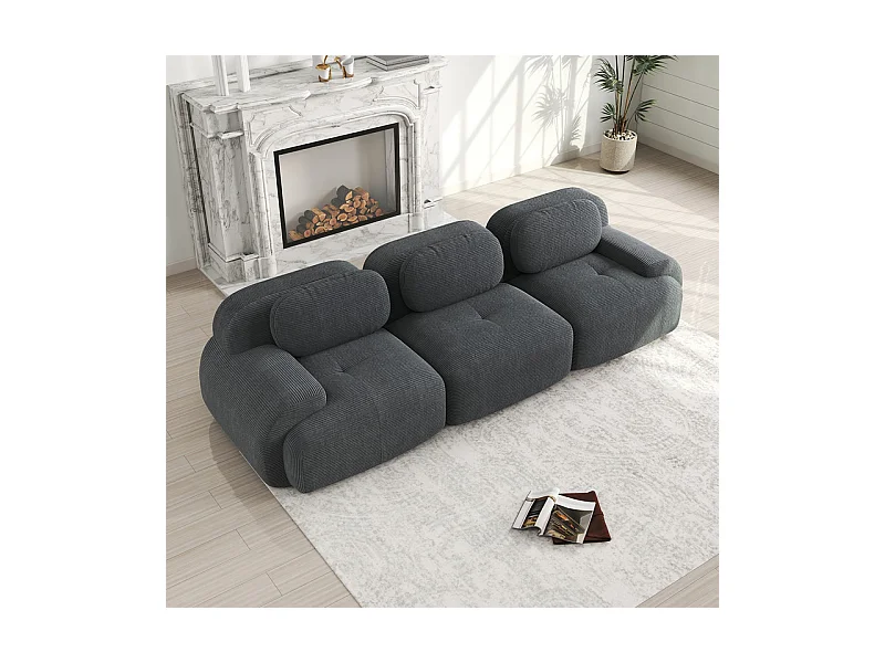 Canapé 3 places modulable en Velours côtelé - avec 3 oreillers - 298x103x75cm - Gris