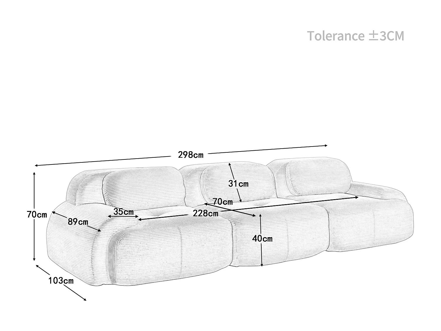 Canapé 3 places modulable en Velours côtelé - avec 3 oreillers - 298x103x70cm - Gris
