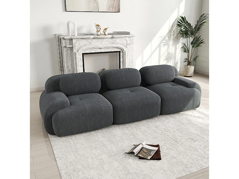 Canapé 3 places modulable en Velours côtelé - avec 3 oreillers - 298x103x70cm - Gris