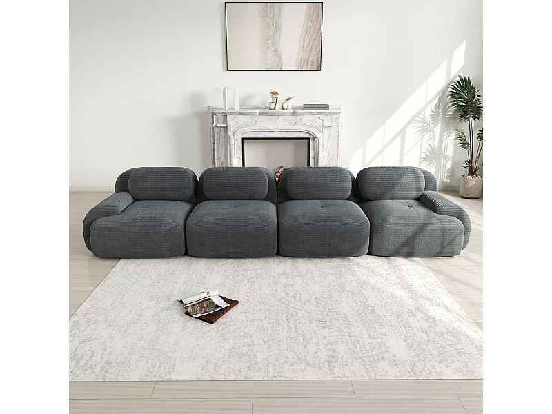 Bank 4 Zits Modulair van Ribfluweel - met 4 Kussens - 388x103x75cm - Grijs