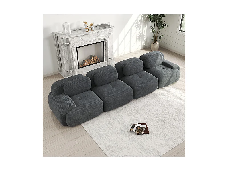 Canapé 4 places modulable en Velours côtelé - avec 4 oreillers - 388x103x75cm - Gris