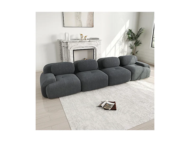 Canapé 4 places modulable en Velours côtelé - avec 4 oreillers - 388x103x75cm - Gris