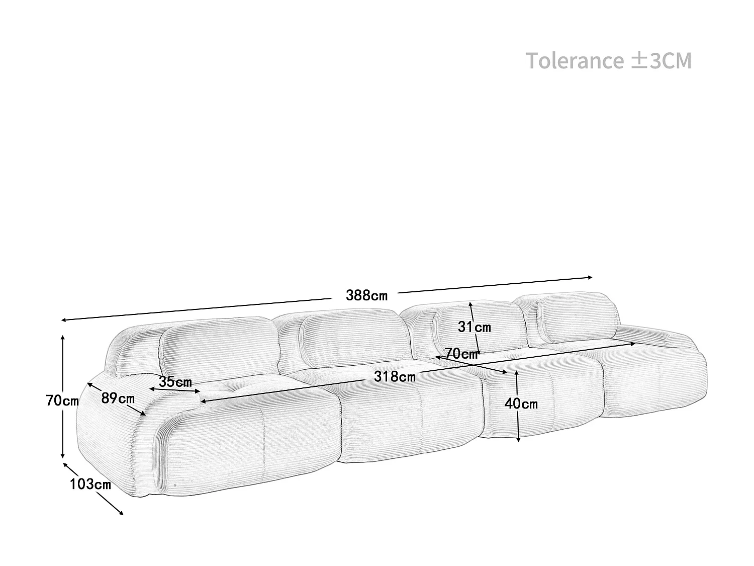 Canapé 4 places modulable en Velours côtelé - avec 4 oreillers - 388x103x70cm - Gris