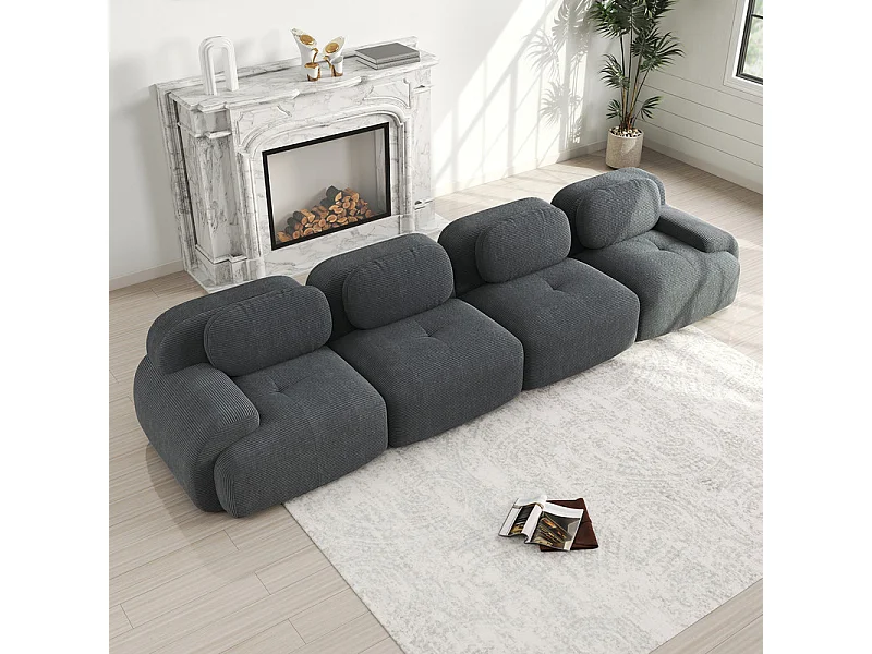 Canapé 4 places modulable en Velours côtelé - avec 4 oreillers - 388x103x70cm - Gris