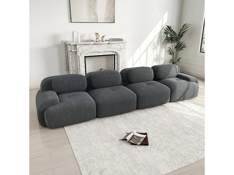 Canapé 4 places modulable en Velours côtelé - avec 4 oreillers - 388x103x70cm - Gris