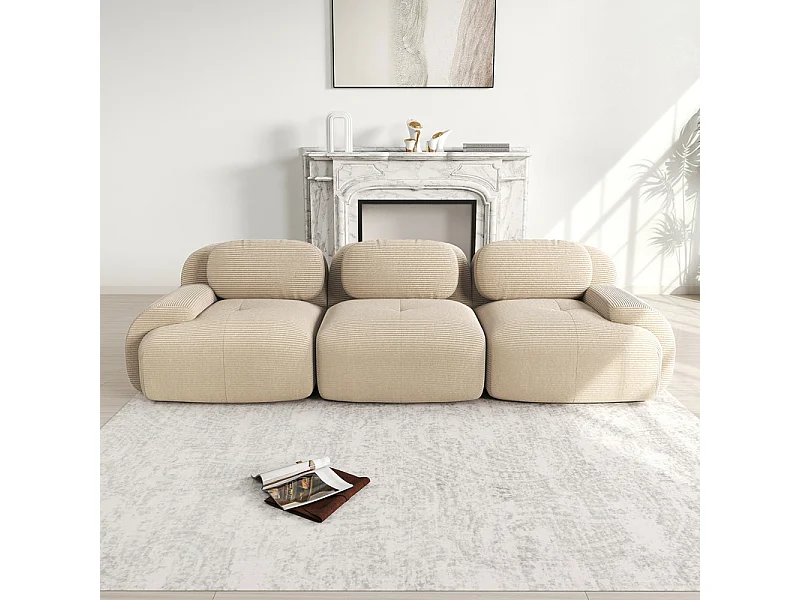 Sofá 3 Lugares Modular de Veludo Cannelado - com 3 Almofadas - 298x103x75cm - Bege