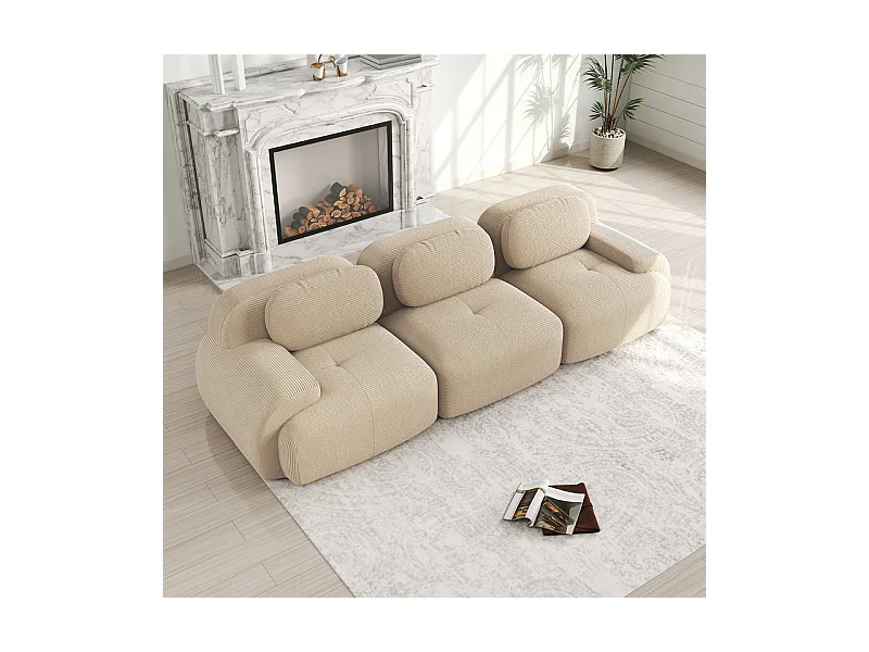 Canapé 3 places modulable en Velours côtelé - avec 3 oreillers - 298x103x75cm - Beige