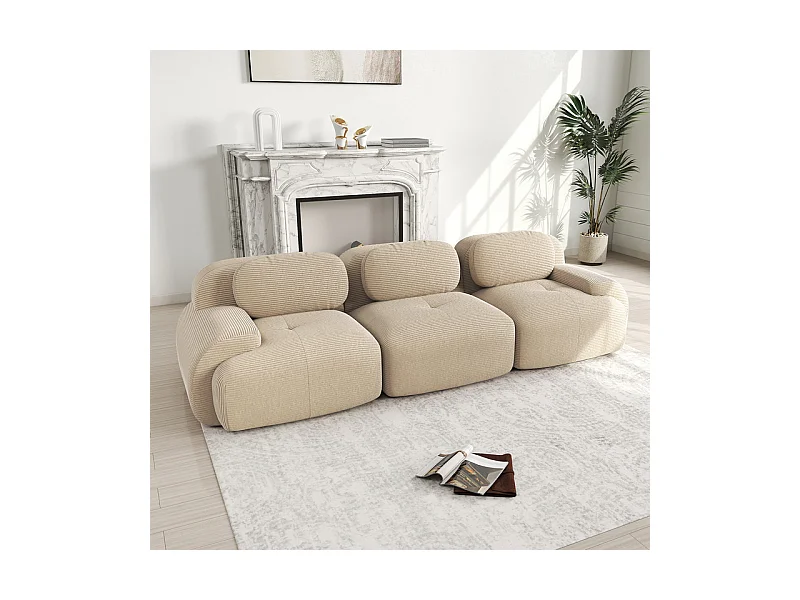 Canapé 3 places modulable en Velours côtelé - avec 3 oreillers - 298x103x75cm - Beige