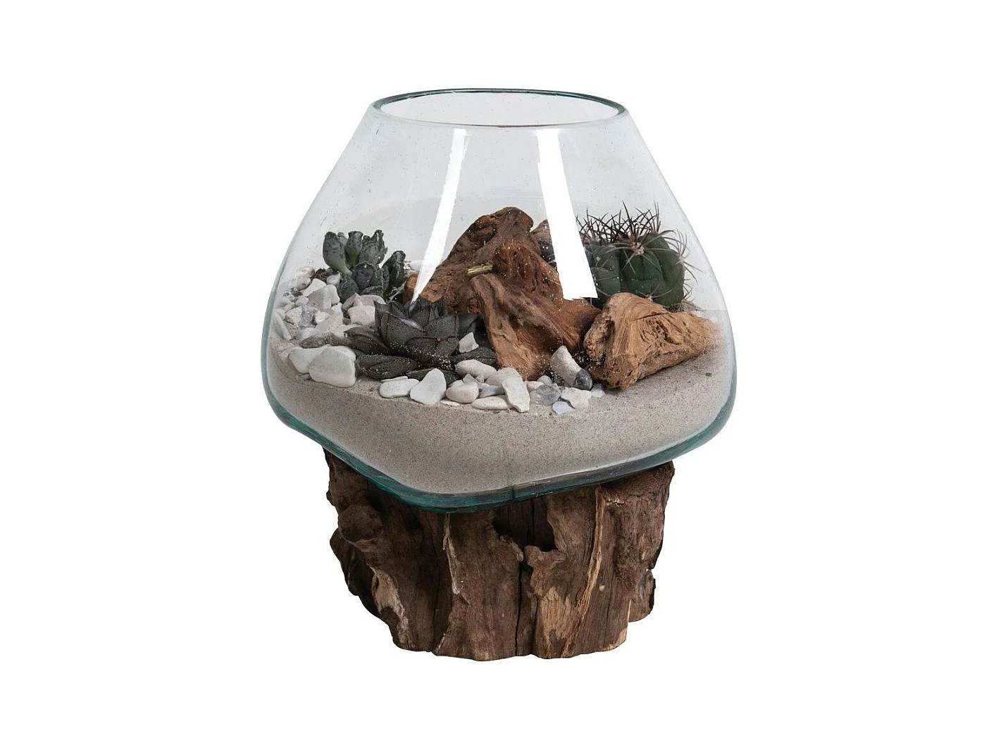 Vase verre soufflé et racine teck, artisanal H 20 cm ARIZONA