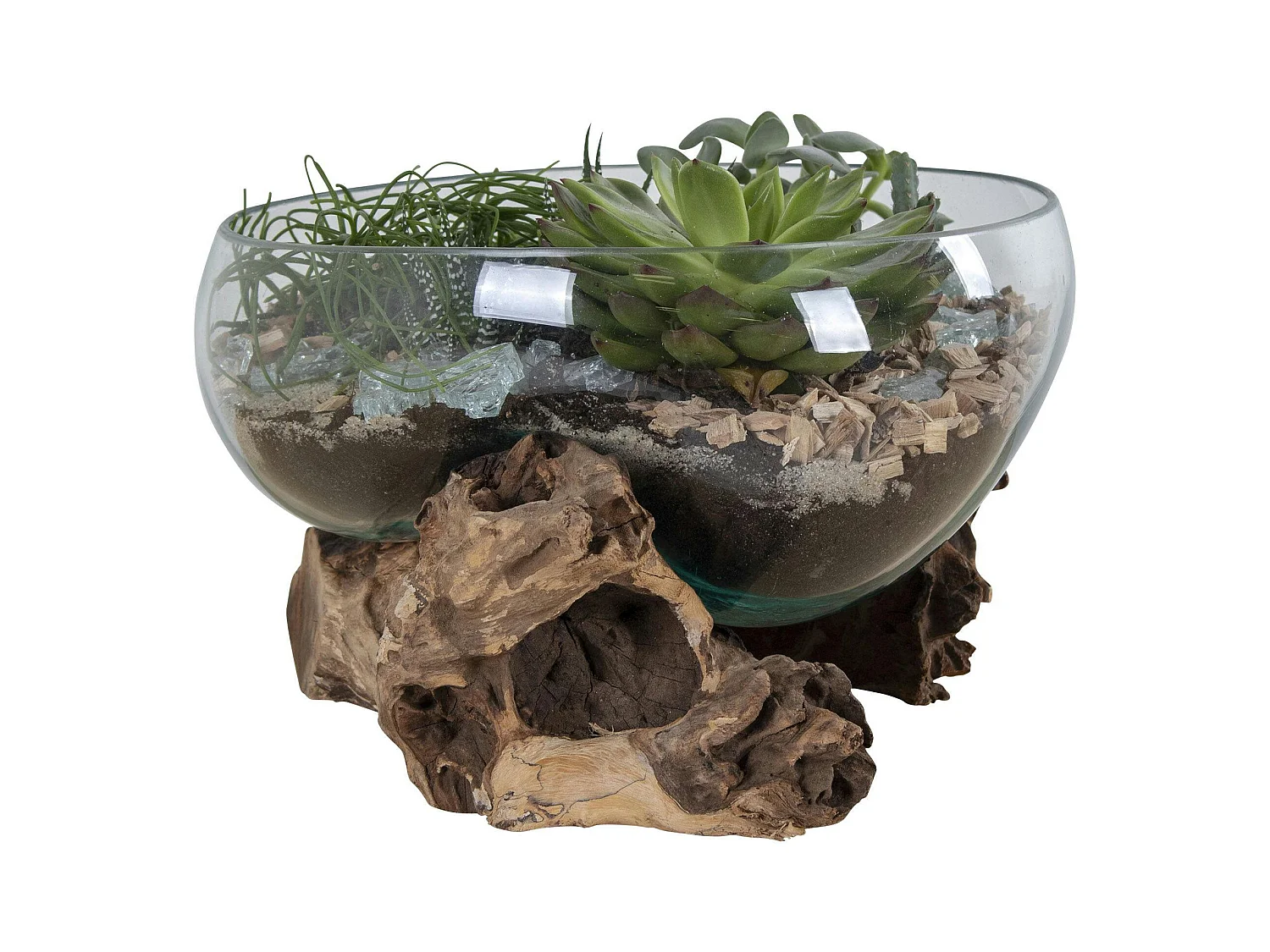 Petit vase verre soufflé et racine teck, artisanal ARIZONA