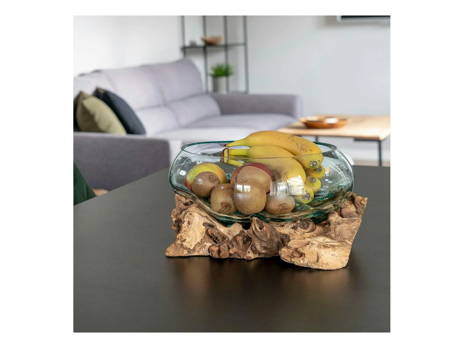 Petit vase verre soufflé et racine teck, artisanal ARIZONA