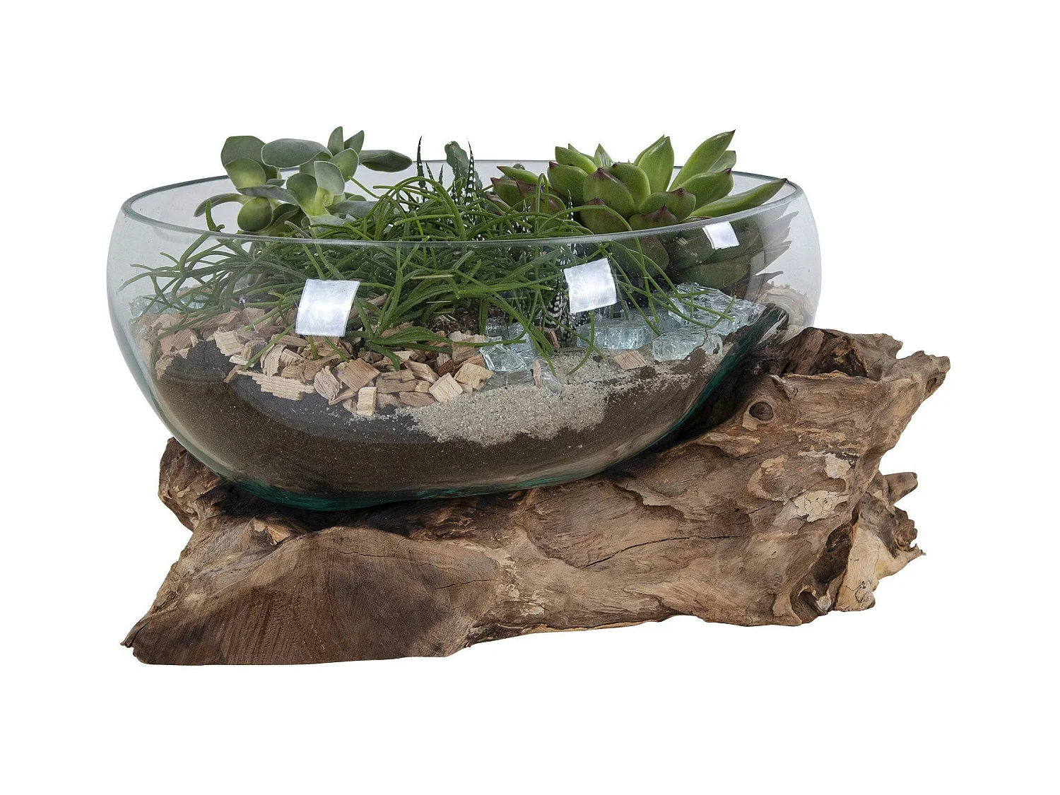 Petit vase verre soufflé et racine teck, artisanal ARIZONA